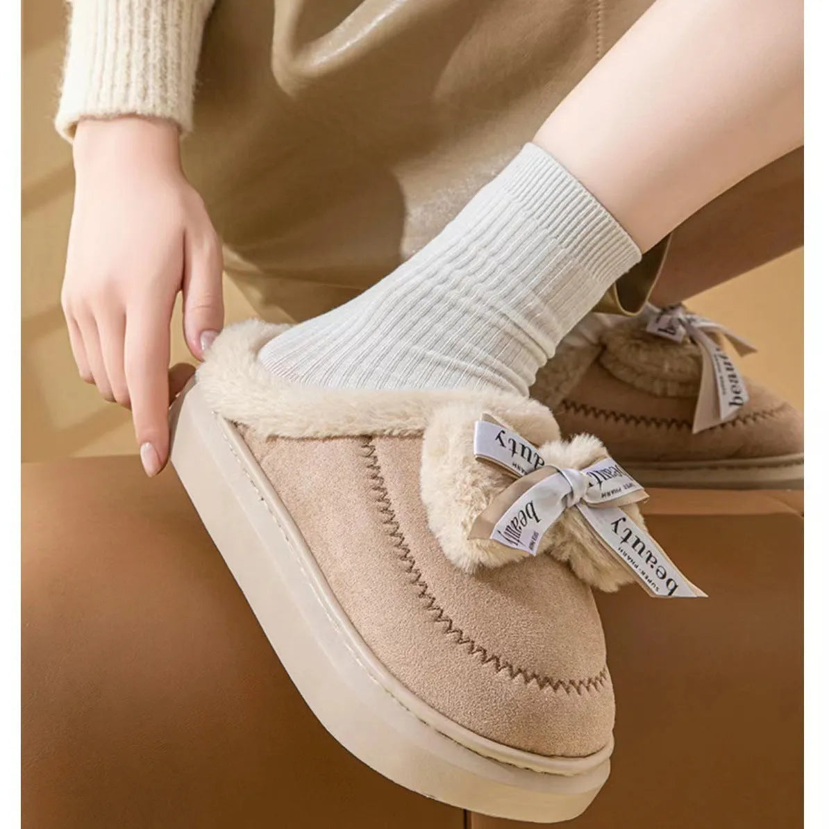 Women's beige suede half slippers with ribbon bow decoration and thick cotton sole