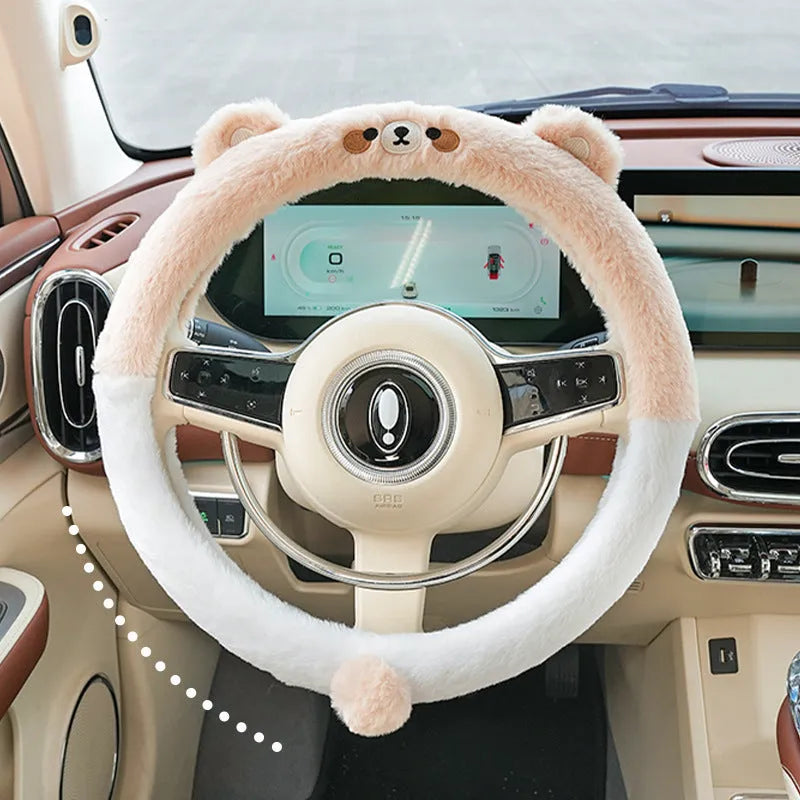 Plush thermal car steering wheel cover with embroidered cartoon panda design, shown fitted on a 38cm wheel.