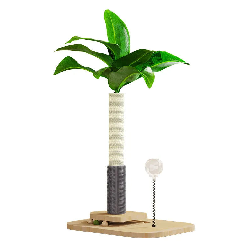 Vertical wooden cat scratching post in canna colour with an integrated food drop ball.