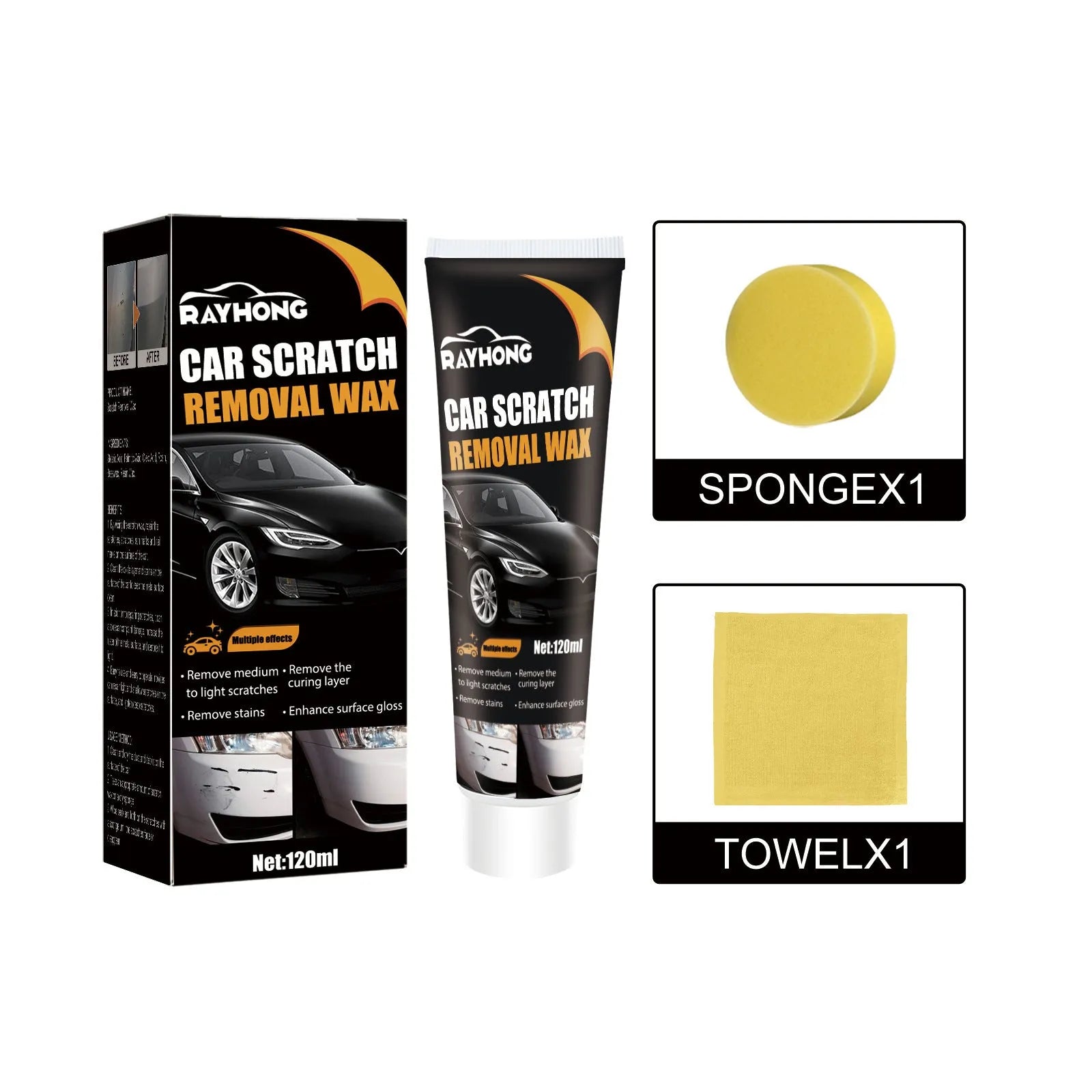 Car scratch wax 120ml kit with polishing sponge and cleaning towel for paint surface maintenance