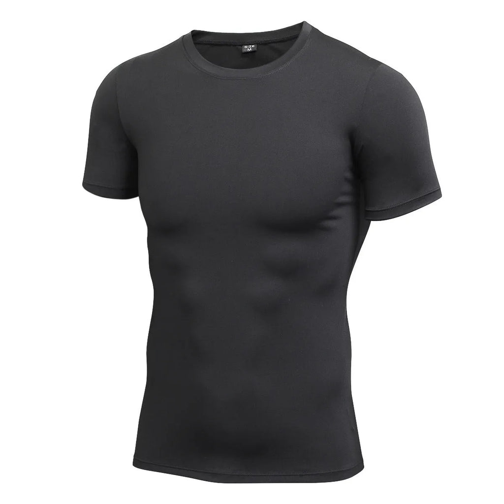 Men's solid colour short-sleeved quick-drying stretch shirt for fitness exercise on a hanger