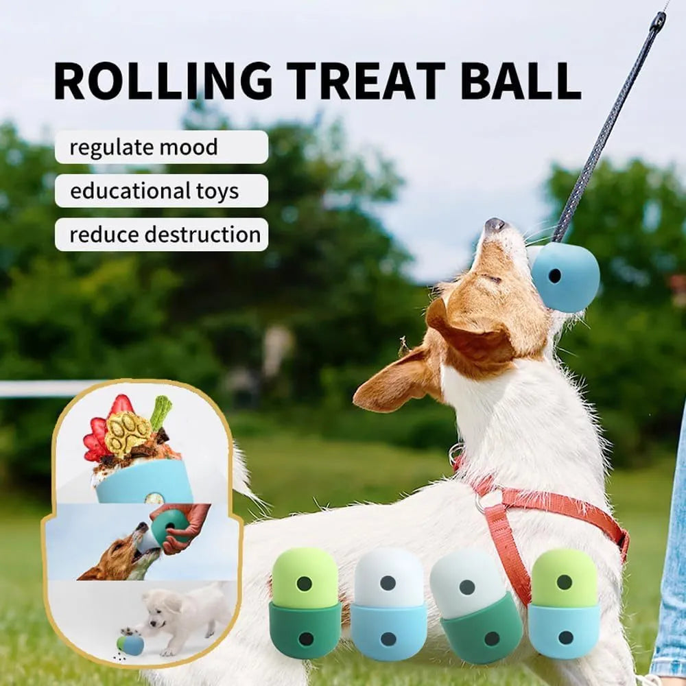 Food grade silicone dog treat dispensing puzzle ball in four colour combinations measuring 8×11cm