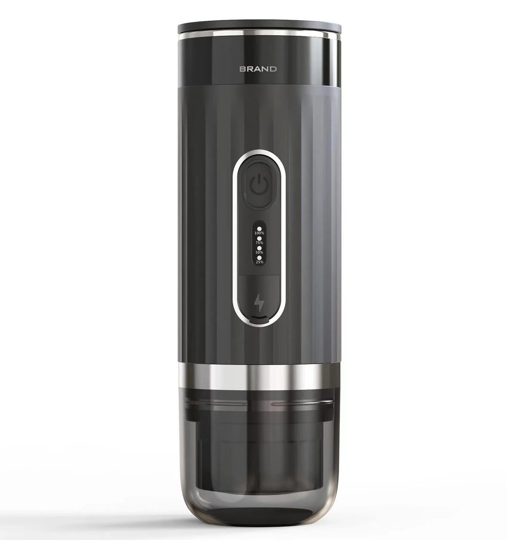 Black portable wireless K-Cup coffee machine for vehicle and outdoor use