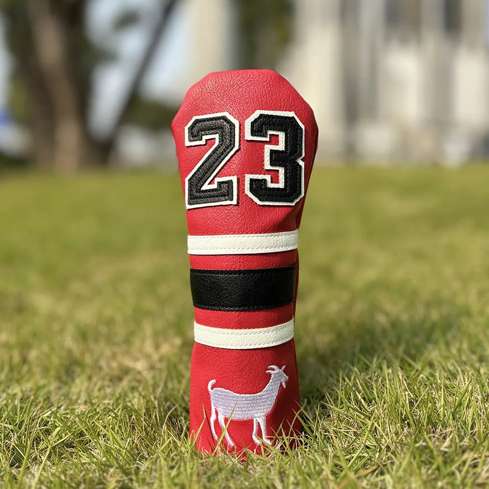 Set of four PU golf club headcovers including a square putter cover and chicken drumstick wood covers