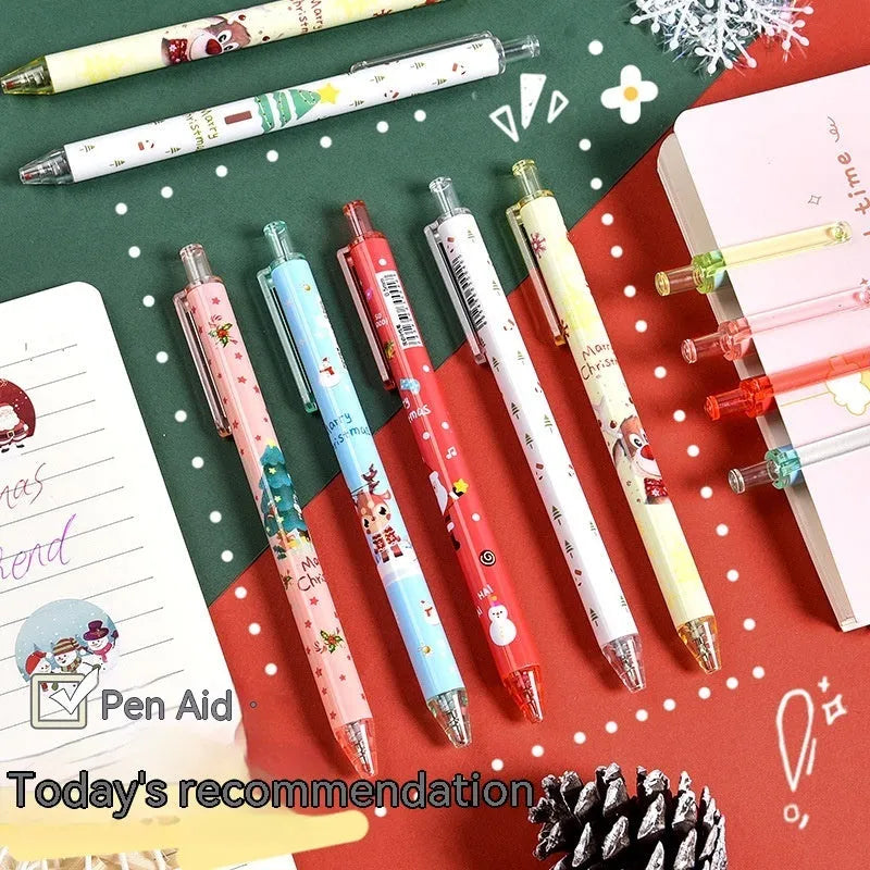 Six black gel pens with cartoon-themed plastic casings packaged as Christmas reward gift set