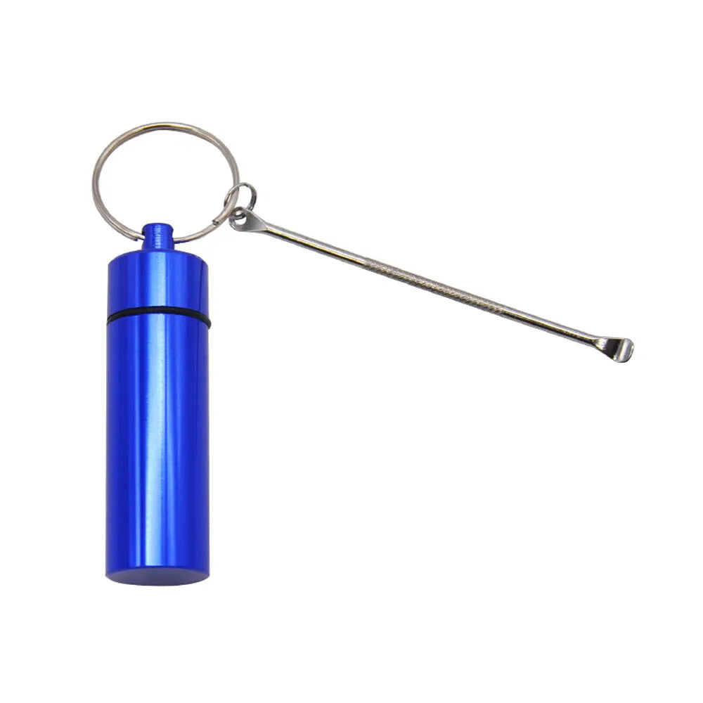 Aluminium portable pill storage bottle with keychain loop in one of five colour options: black, blue, gold, green, or red.
