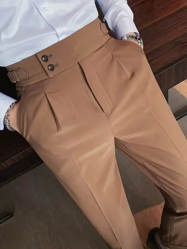 Men's high-waist straight-leg trousers in neutral colours on a hanger.
