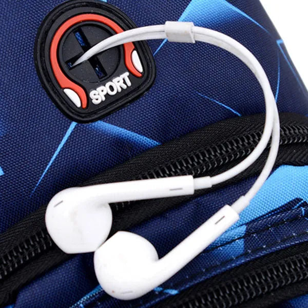 Blue Oxford cloth crossbody chest bag for men with an earphone hole and zipper.
