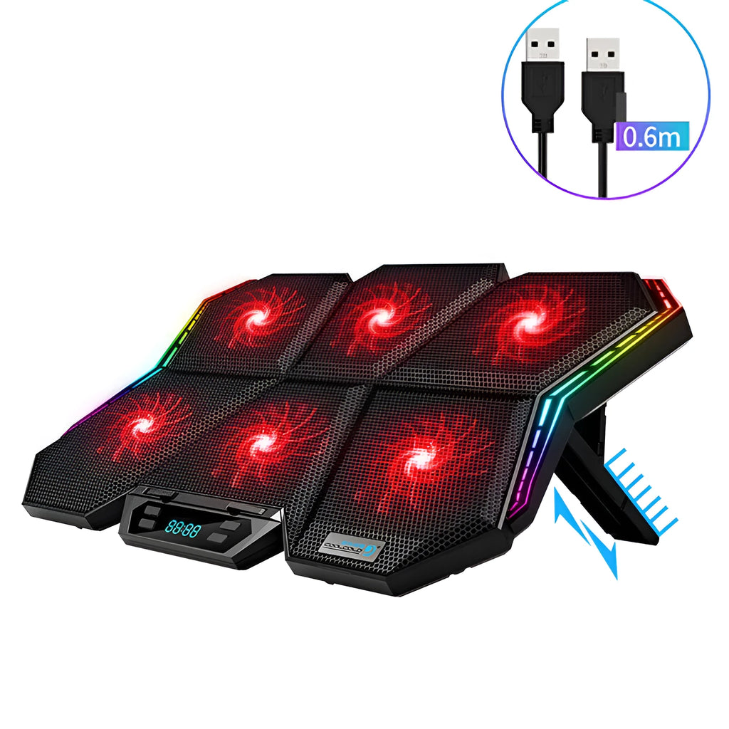 Ice Magic 6 black and red notebook radiator with six cooling fans and a USB cable.