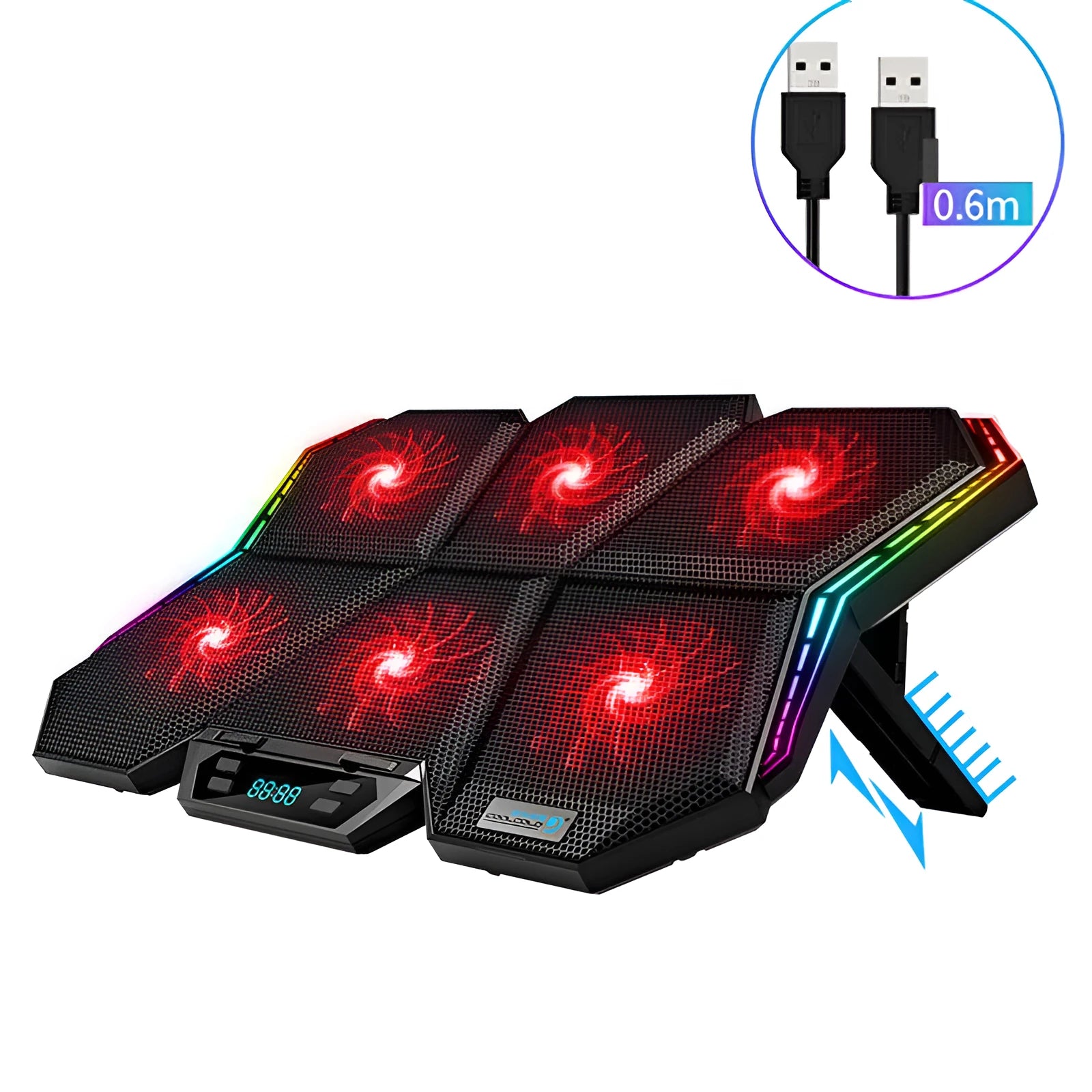 Ice Magic 6 black and red notebook radiator with six cooling fans and a USB cable.