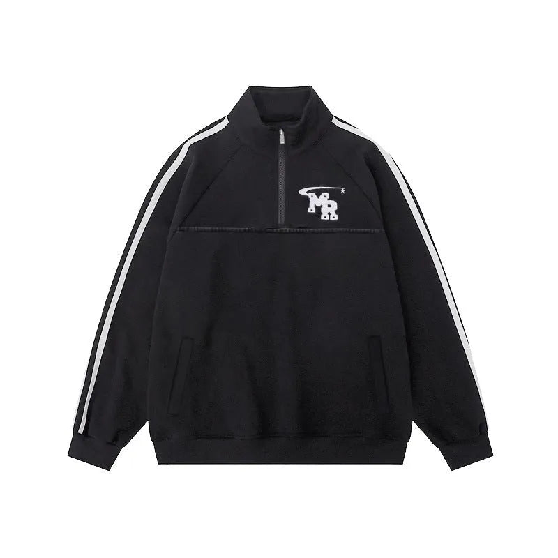 Black men's stand collar casual hoodie with long sleeves on a neutral background.