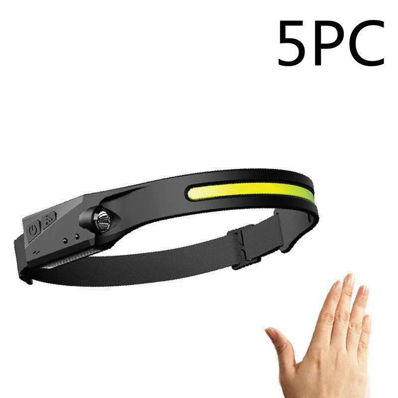 Black silicone USB rechargeable headlamp with side wave sensor and dual LED lights for wide and long-distance illumination.