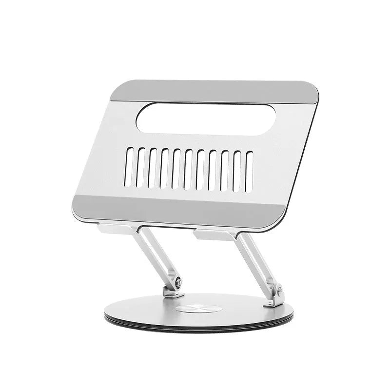 Silver aluminium alloy laptop stand in folded and extended positions showing rotation capability