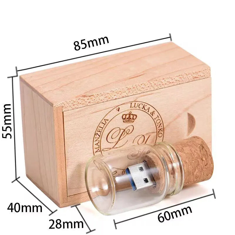 Transparent wooden wish bottle design USB flash drive on a white background.