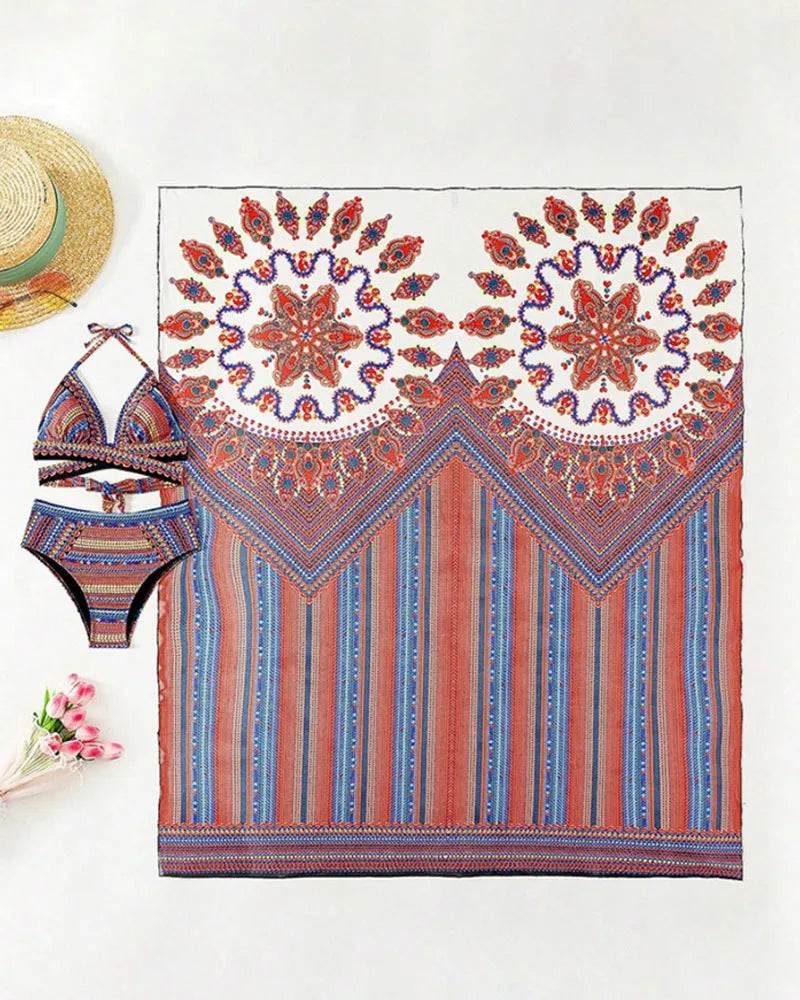 Ladies three-piece swimsuit set with high-waisted briefs, cutout blouse top, and a long coat.