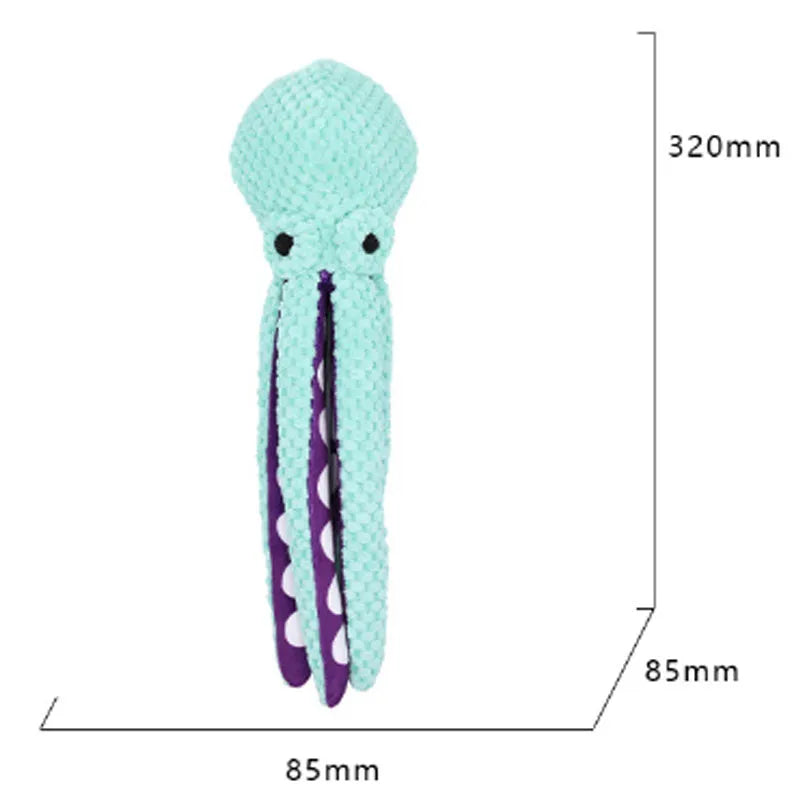 Blue octopus shell design plush dog chew toy with six long legs and a squeaker.