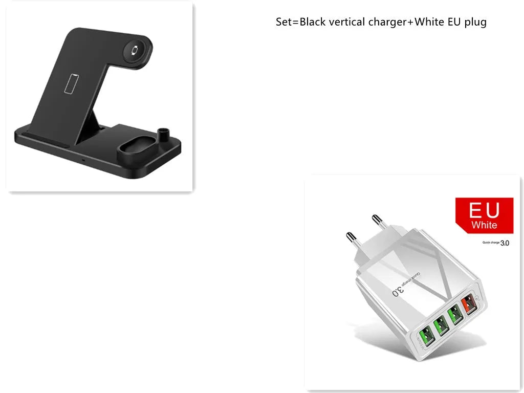 Black 4-in-1 wireless charger with magnetic phone stand charging an iPhone, Apple Watch, and AirPods.