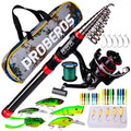Long cast fishing rod and reel combo set with PE line, assorted soft baits, hard lures and storage bag in red