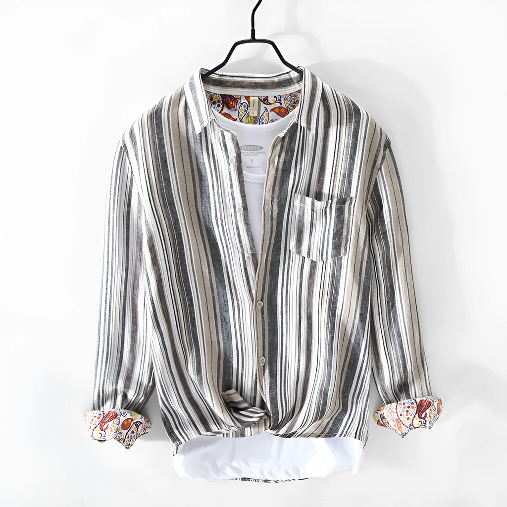 Men's striped linen casual shirt in red or grey with long sleeves and loose fit