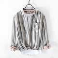 Men's striped linen casual shirt in red or grey with long sleeves and loose fit