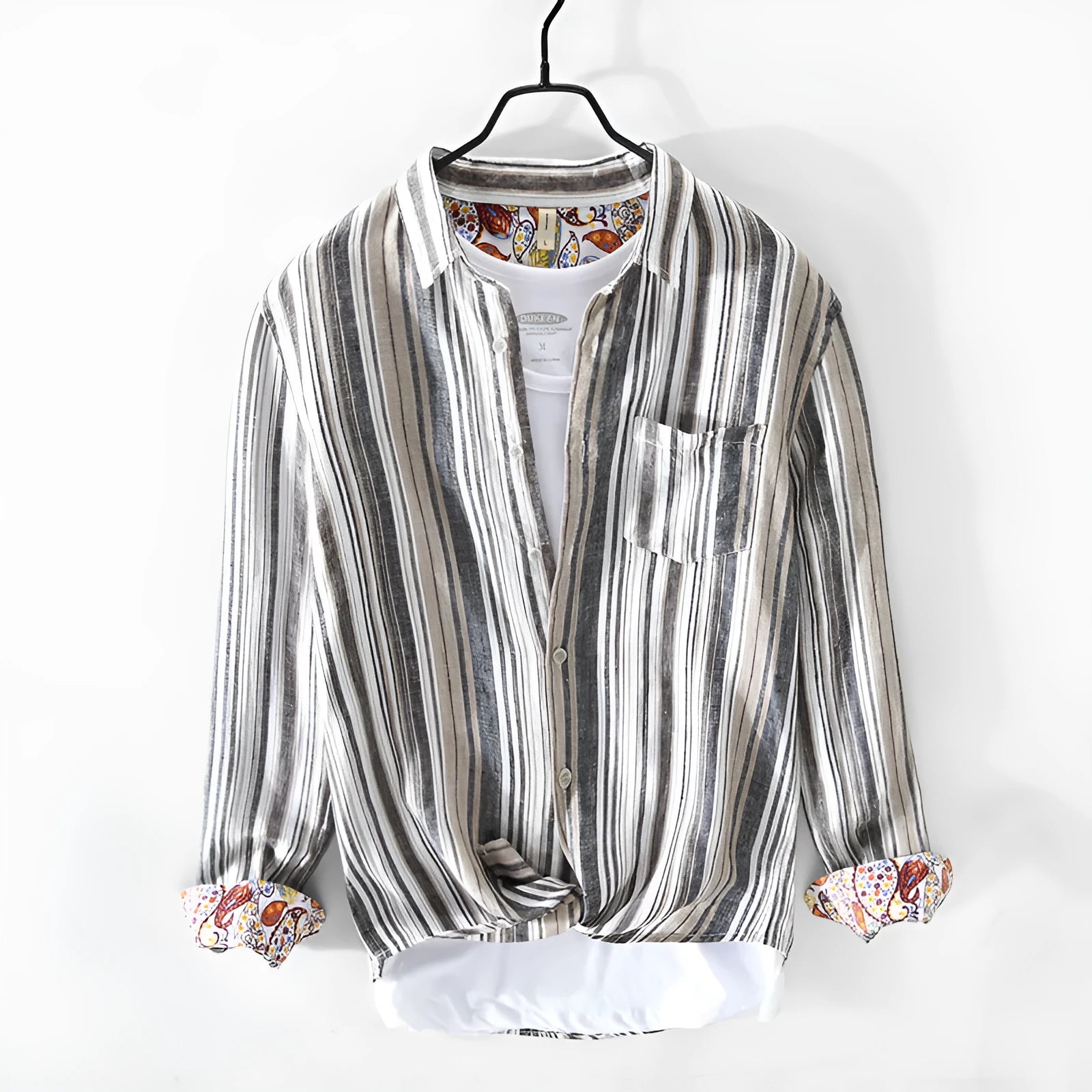 Men's striped linen casual shirt in red or grey with long sleeves and loose fit