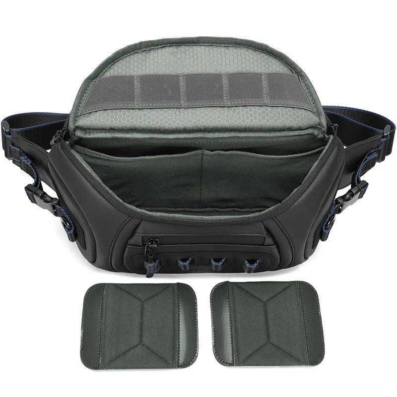 Waterproof Oxford cloth camera shoulder bag shown in black, grey, and green colour options.