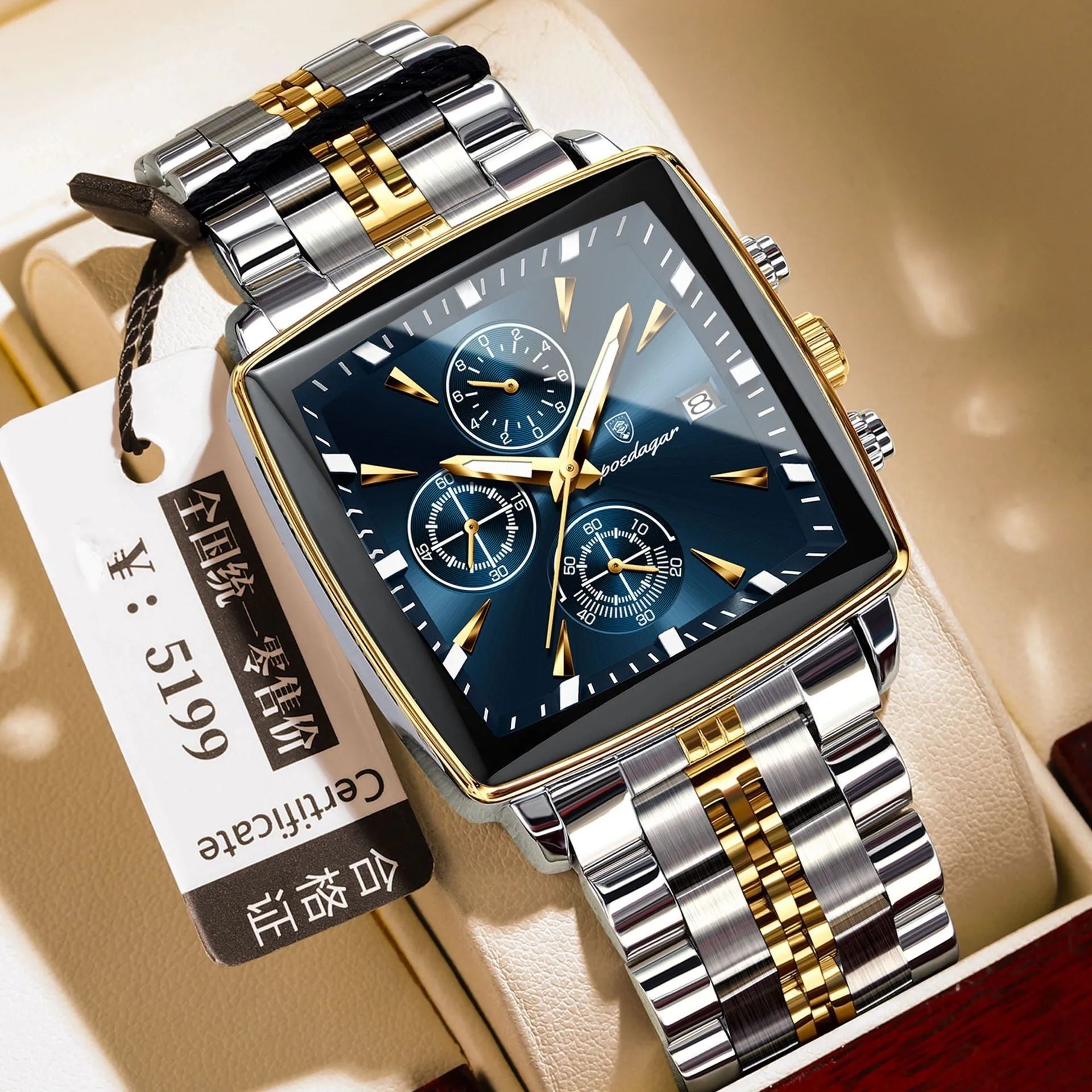 Men's square dial business watch with stainless steel strap in a gold and black colour combination