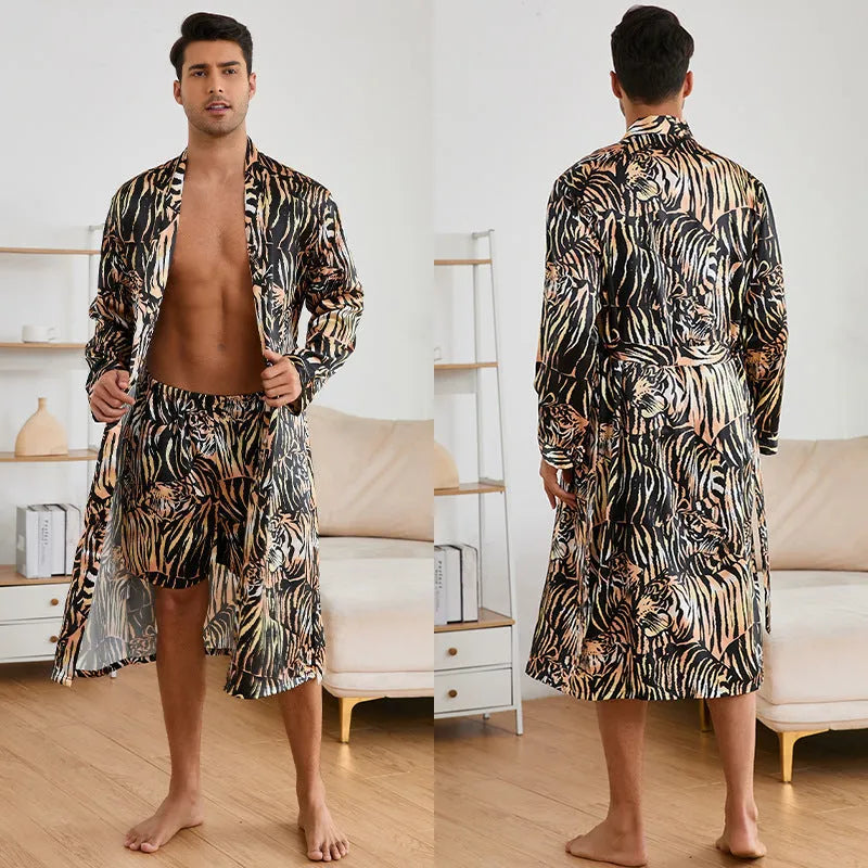 Men's tiger pattern ice silk bathrobe set with long sleeve robe and matching trousers