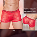 A pair of men's lace-trimmed nylon boxer shorts on a white background, shown in black colour.