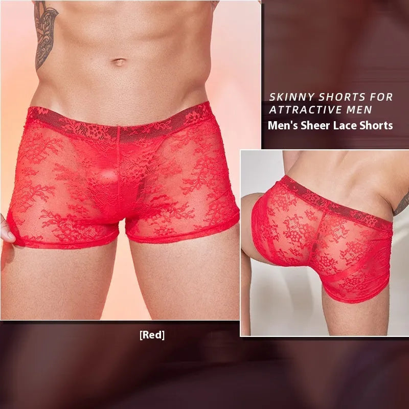 A pair of men's lace-trimmed nylon boxer shorts on a white background, shown in black colour.