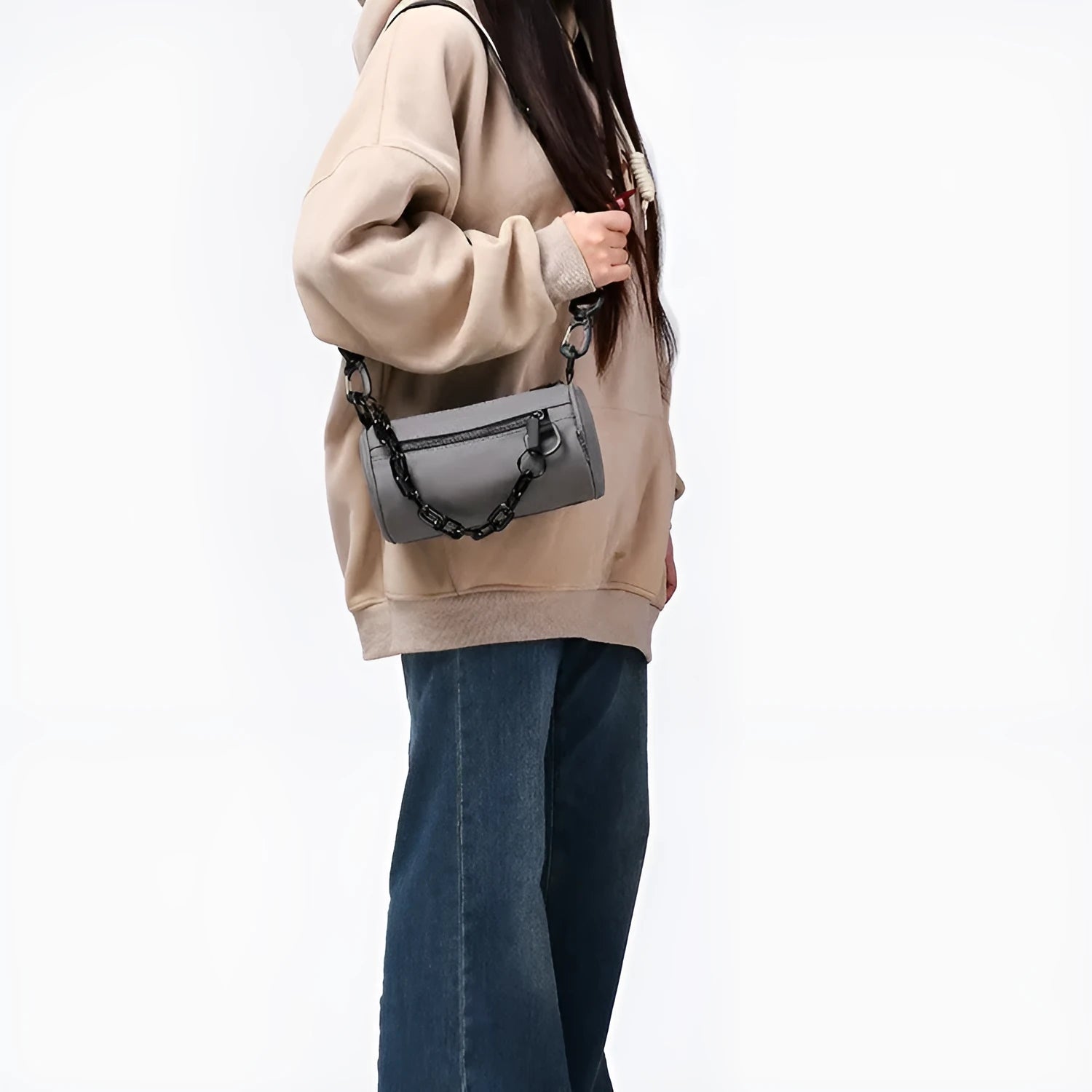 Oxford cloth crossbody messenger bag with chain detailing in black, grey or orange colour
