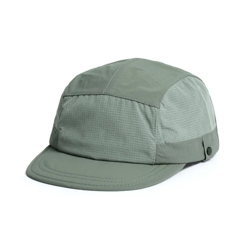 Khaki coloured dome crown summer cap made from breathable polyester fabric on a white background.