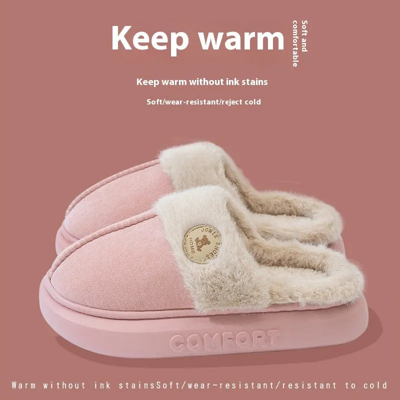 Pair of thick-soled fleece slippers in various colours on a plain background