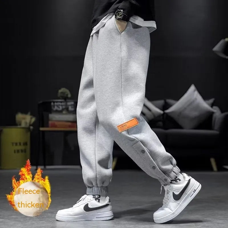 Cotton blend velvet padded skinny ankle strap casual trousers in black, autumn winter sportswear