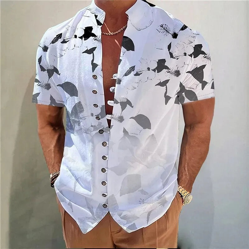 Youth wearing a short sleeve cardigan with a geometric 3D floral print pattern.