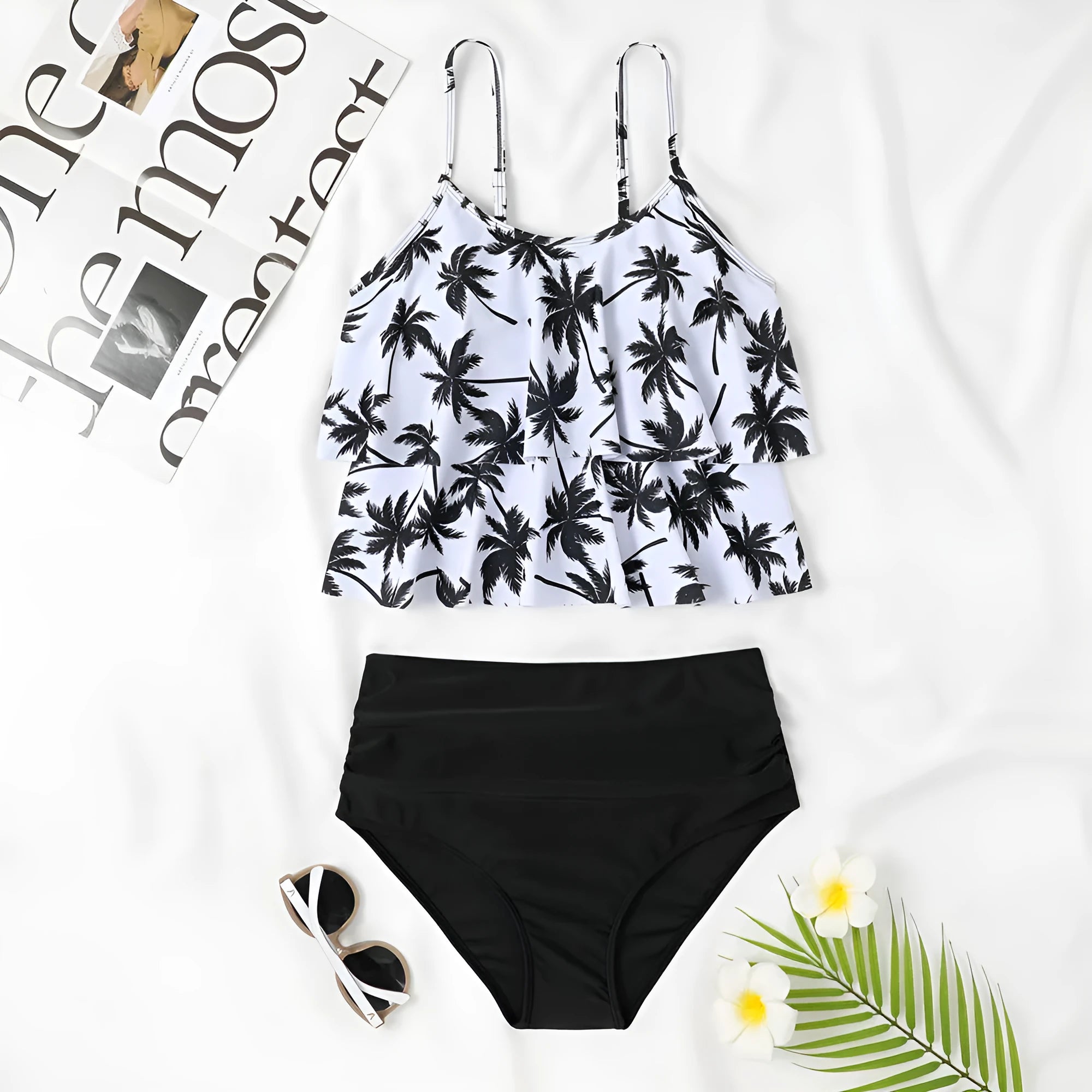 Women's high-waisted swimsuit set in black or coconut tree print, showing top and briefs.