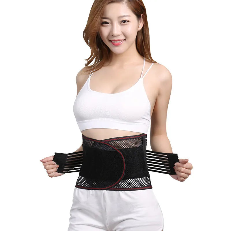 Black breathable sports waist support belt with internal steel plate for lumbar protection during fitness.