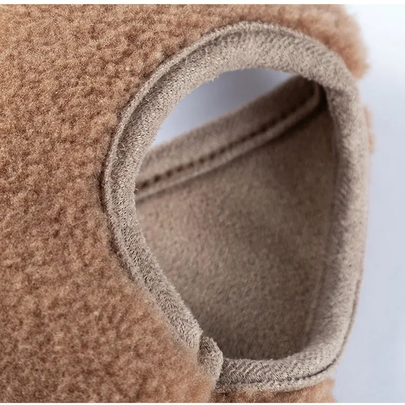 Brown fleece dog jacket with beige white and brown bear embroidery on side, side-button closure, small embroidered pocket, for small breeds