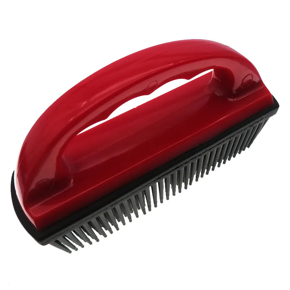 Red handheld pet hair removal brush for grooming and carpet cleaning, shown at 160mm by 85mm.