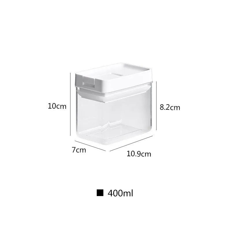 White and transparent 400ml plastic storage container for whole grains, 10.9 x 10 x 7 cm.