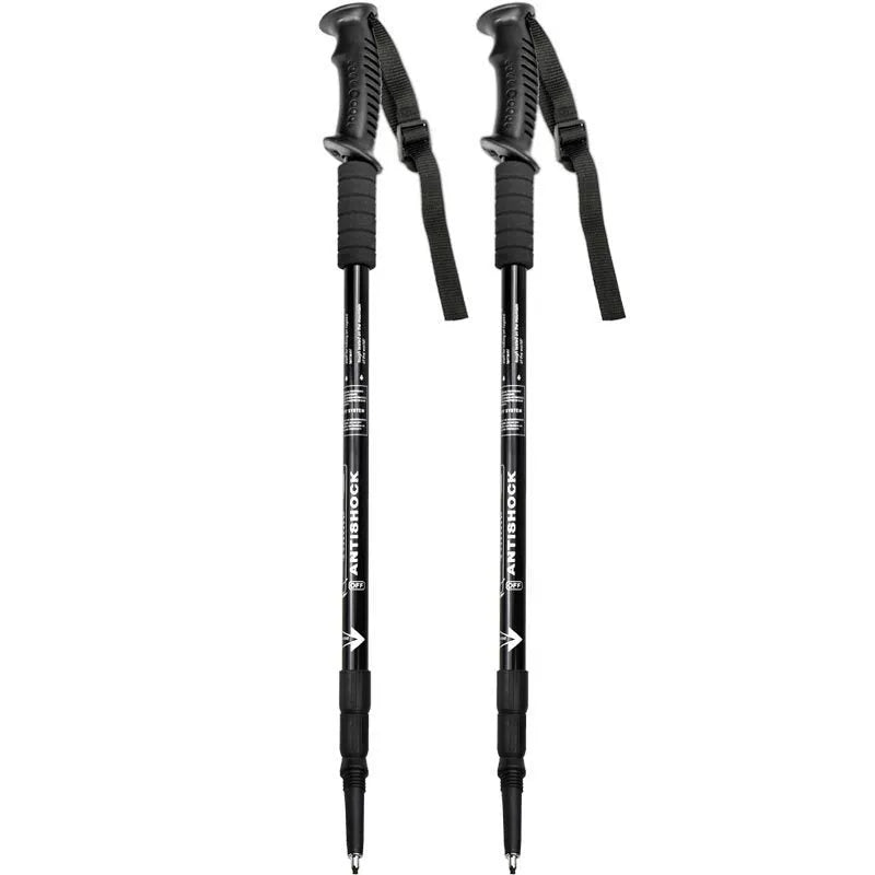 Adjustable aluminium alloy trekking poles with three straight handles and complete accessory set including foot covers and snow holders