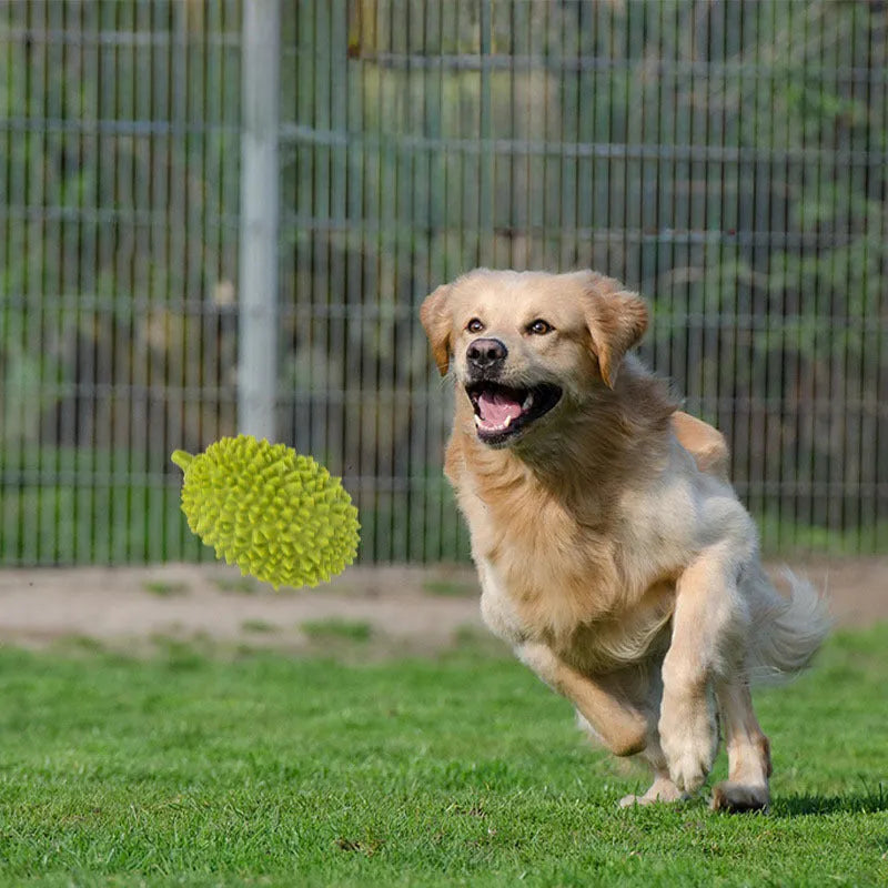 Beige, green, and yellow durian-shaped dog chew toy with raised bristles for teeth cleaning.