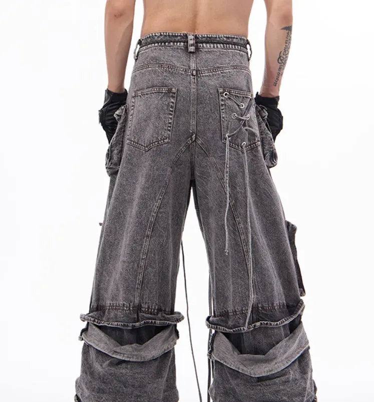 Grey distressed denim overalls with rope stitching mop pants design American style