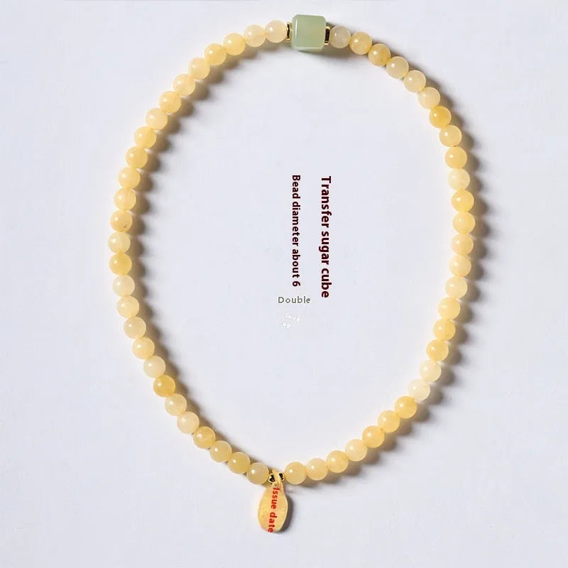 Hand-woven yellow jade topaz bracelet with 6mm mantra beads and fu character retro design