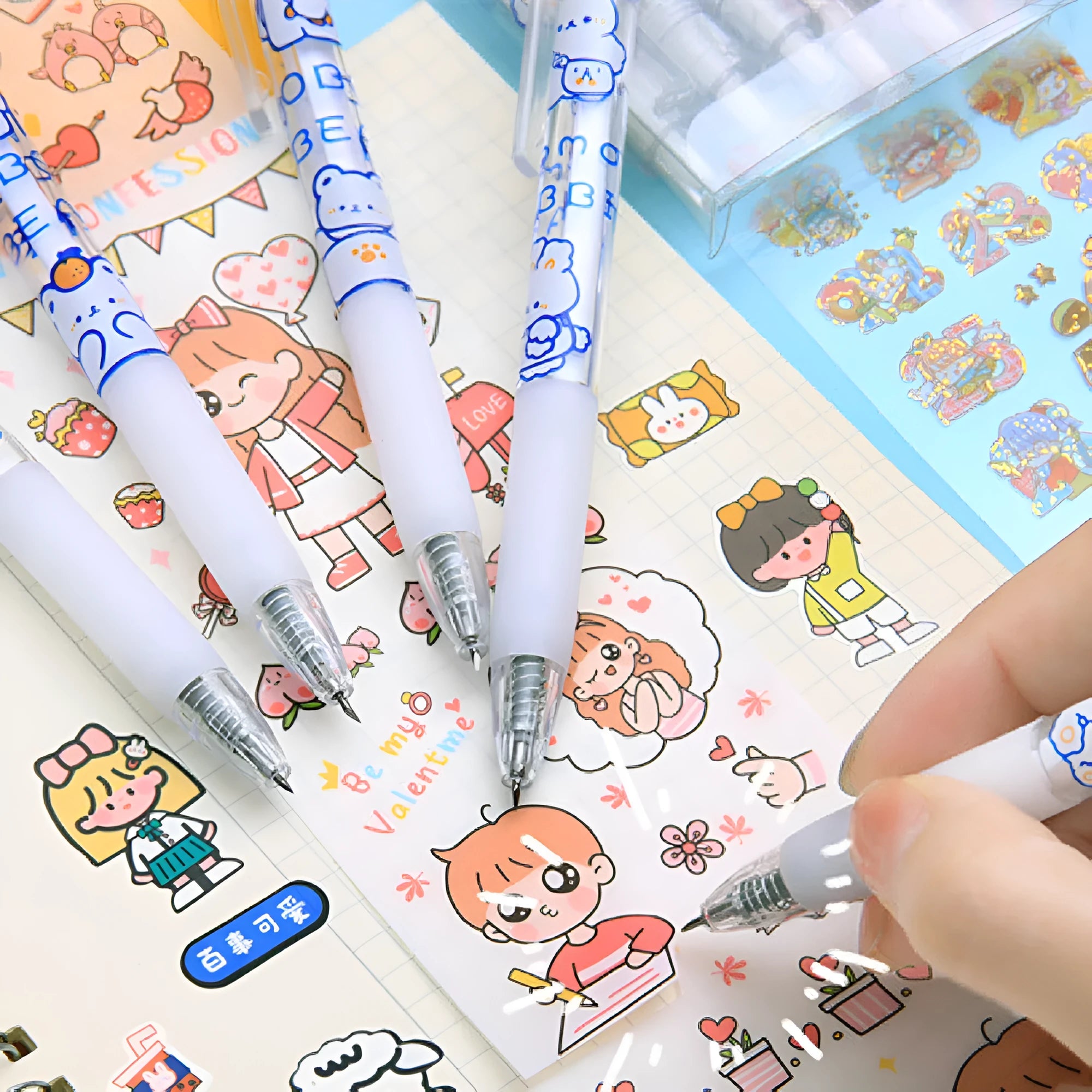 Six character press pen knives with bear and rabbit designs in cream colour