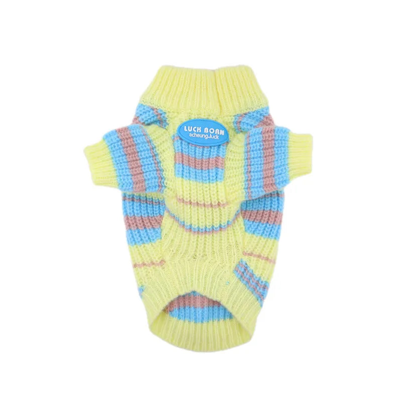 Blue and yellow striped wool dog jumper for small breeds like Schnauzer or Maltese.
