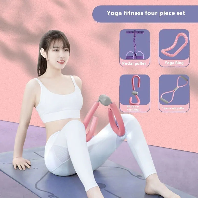 Yoga four piece fitness set showing leg stretcher, pedal resistance band, yoga ring, and figure-eight tension rope.