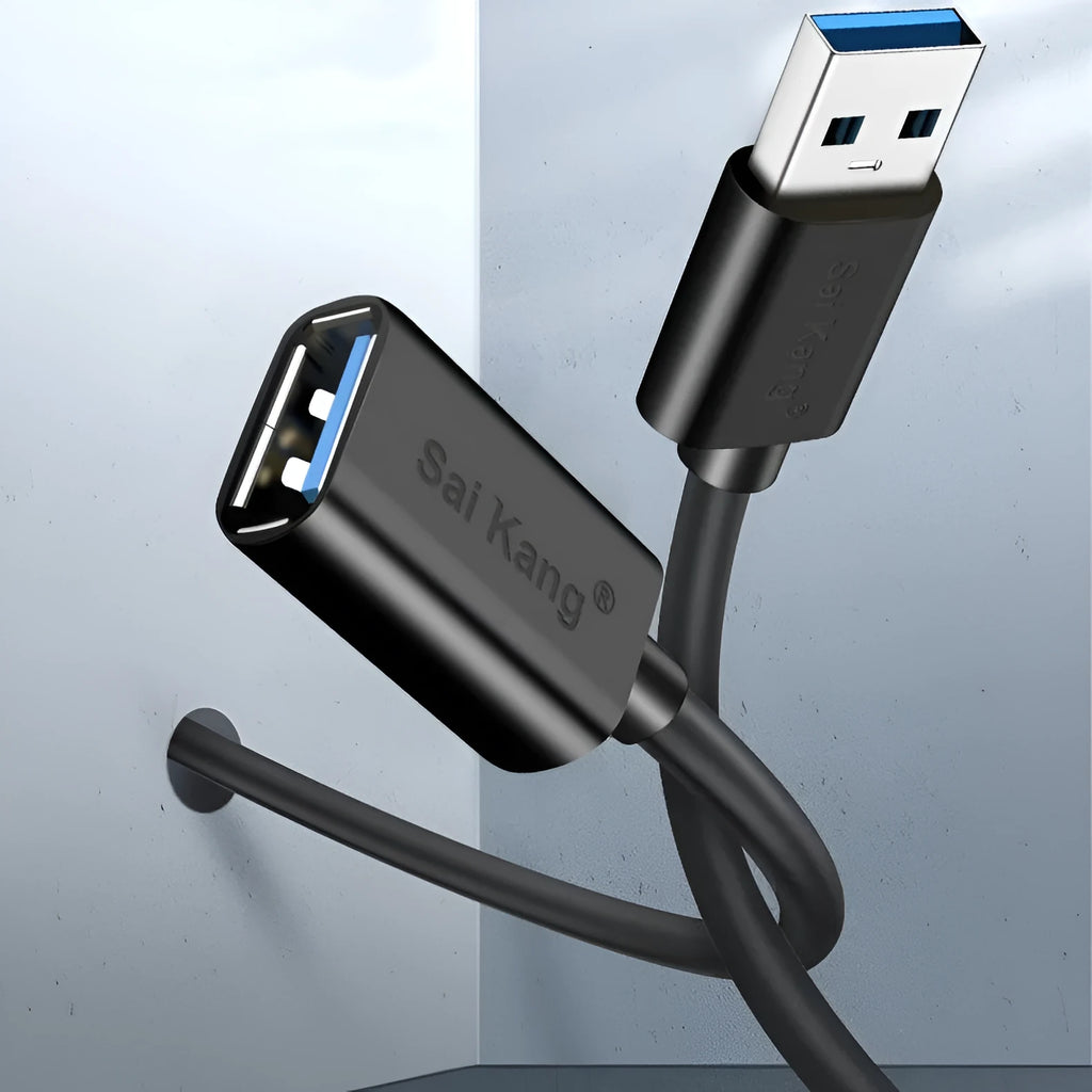 Black USB-A male to female extension cable showing connector details and available in multiple lengths.