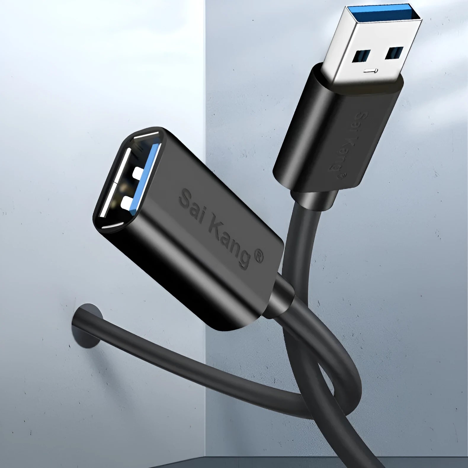 Black USB-A male to female extension cable showing connector details and available in multiple lengths.