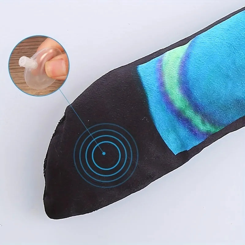 Snake-shaped dog squeaky toy with printed stripe pattern in blue and green plush